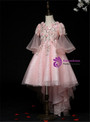 Queenly Pink Tulle Lace V-neck Short Sleeve Appliques Flower Girl Dress