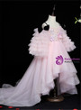 Pink Tulle Hi Lo Puff Sleeve Appliques Flower Girl Dress