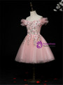 Pink Tulle Lace Off the Shoulder Appliques Short Flower Girl Dress