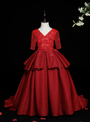 Elegance Burgundy V-neck Short Sleeve Appliques Flower Girl Dress