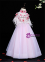 Pink Tulle High Neck Appliques Feather Princess Flower Girl Dress