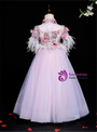 Pink Tulle High Neck Appliques Feather Princess Flower Girl Dress