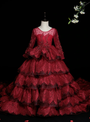 Burgundy Tulle Lace Long Sleeve Tiers Beading Flower Girl Dress
