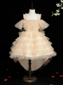 Simple Gold Tulle Sequins Hi Lo Straps Tiers Flower Girl Dress