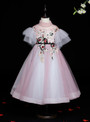 Pink Tulle High Neck Embroidery Puff Sleeve Flower Girl Dress