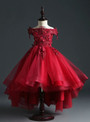 Burgundy Tulle Hi Lo Off the Shoulder Appliques Beading Flower Girl Dress
