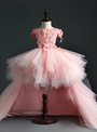 Pink Tulle Hi Lo Off the Shoulder Appliques Flower Girl Dress