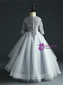 Gray Tulle Hi Lo Scoop Appliques Short Sleeve Flower Girl Dress