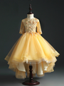 Gold Hi Lo Tulle Short Sleeve Appliques Beading Flower Girl Dress
