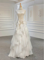 White Tulle High Neck Long Sleeve Backless Beading Pearls Wedding Dress