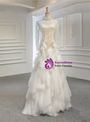 White Tulle High Neck Long Sleeve Backless Beading Pearls Wedding Dress
