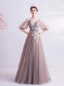 In Stock:Ship in 48 Hours Tulle Short Sleeve Appliques Prom Dress