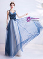 In Stock:Ship in 48 Hours Blue Tulle Velvet Beading Prom Dress