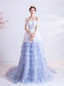 In Stock:Ship in 48 Hours Blue White Tulle Spaghetti Straps Prom Dress