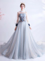 In Stock:Ship in 48 Hours Blue Illusion Appliques Prom Dress