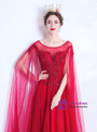 In Stock:Ship in 48 Hours Burgundy Tulle Cap Sleeve Beading Prom Dress
