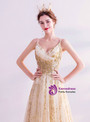 In Stock:Ship in 48 Hours Gold Sequins Long Prom Dress