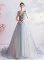 In Stock:Ship in 48 Hours Blue V-neck Backless Appliques Prom Dress