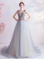 In Stock:Ship in 48 Hours Blue V-neck Backless Appliques Prom Dress