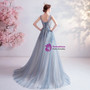 In Stock:Ship in 48 Hours Blue Illusion Tulle V-neck Appliques Prom Dress