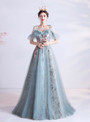 In Stock:Ship in 48 Hours A-Line Blue Tulle Sequins Appliques Prom Dress