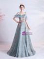 In Stock:Ship in 48 Hours A-Line Blue Tulle Sequins Appliques Prom Dress