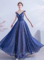 In Stock:Ship in 48 Hours Blue Lace Cap Sleeve Prom Dress