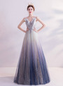 In Stock:Ship in 48 Hours Blue Tulle V-neck Prom Dress