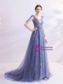 In Stock:Ship in 48 Hours Blue Tulle Sequins V-neck Sleeveless Prom Dress