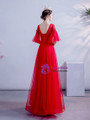 In Stock:Ship in 48 Hours Red Tulle Appliques Short Sleeve Prom Dress