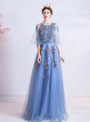 In Stock:Ship in 48 Hours Blue Tulle Sequins Backless Prom Dress