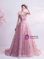 In Stock:Ship in 48 Hours Pink Sequins Spaghetti Straps Prom Dress