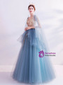 In Stock:Ship in 48 Hours Blue Tulle V-neck Gold Appliques Prom Dress