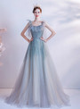 In Stock:Ship in 48 Hours Blue Tulle Straps Sequins Prom Dress