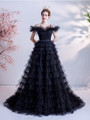 In Stock:Ship in 48 Hours Black Tulle Pleats Prom Dress