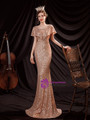 In Stock:Ship in 48 Hours Gold Sequins Illusion V-neck Prom Dress