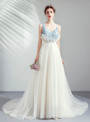 In Stock:Ship in 48 Hours White Tulle Blue Appliques Wedding Dress