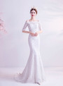 In Stock:Ship in 48 Hours White Mermaid Lace Short Sleeve Wedding Dress