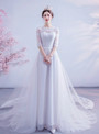 In Stock:Ship in 48 Hours White Tulle Lace Short Sleeve Wedding Dress