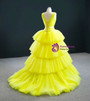 Yellow Tulle Deep V-neck Pleats Tiers Prom Dress