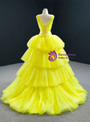 Yellow Tulle Deep V-neck Pleats Tiers Prom Dress