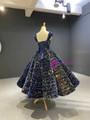 Blue Ball Gown Sequins V-neck Tea Length Prom Dress