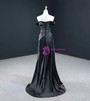 Black Mermaid Satin Beading Pleats Prom Dress With Detachable Sleeve