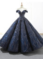 Navy Blue Sequins Off the Shoulder Prom Dress