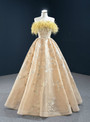 Gold Tulle Strapless Feather Embroidery Prom Dress
