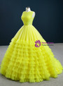 Yellow Scoop Tulle Pleats Tiers Prom Dress