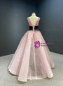 Pink V-neck Hi Lo Beading Sequins Prom Dress