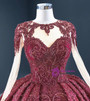 Burgundy Long Sleeve Beading Ball Gown Prom Dress