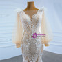 Champagne Mermaid Tulle Appliques Long Sleeve Prom Dress