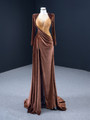 Coffee Velvet Beading Sequins Pleats Long Sleeve Prom Dress